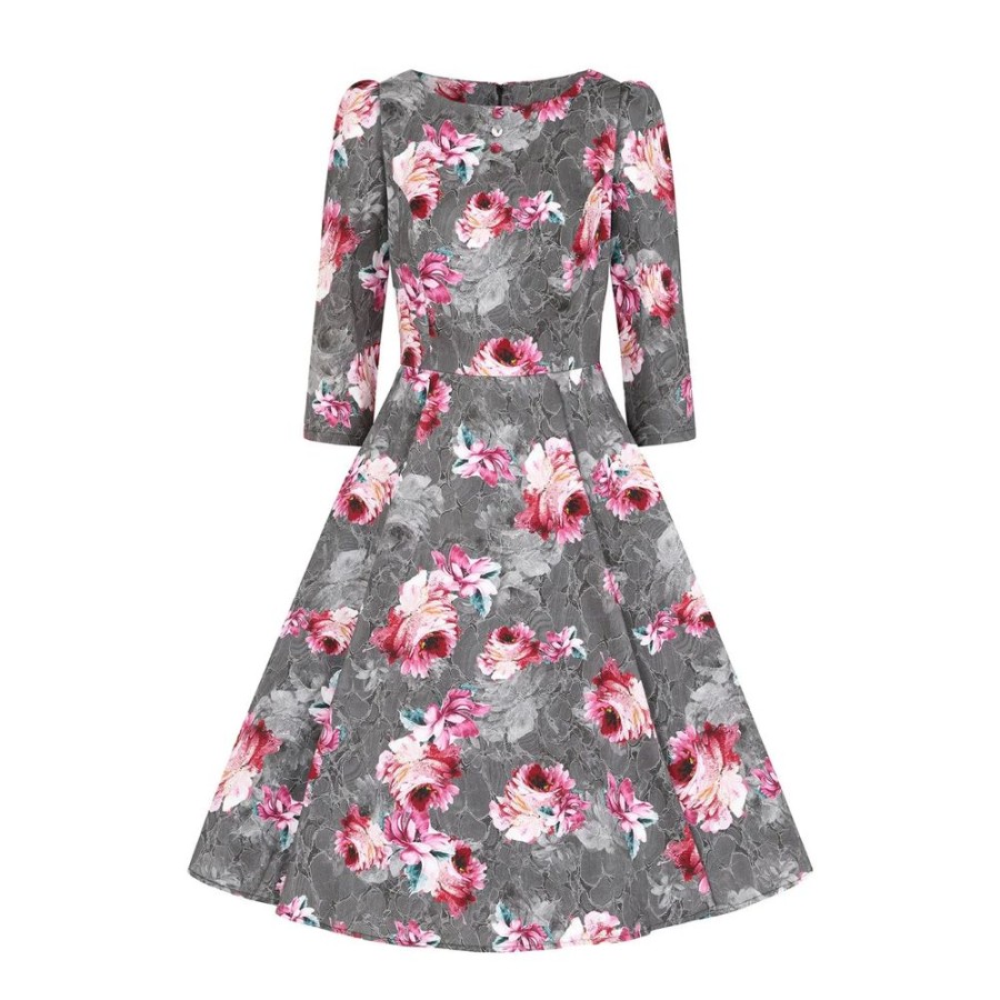 Hearts and Roses Pink Floral Print 50 3/4 Sleeve Swing Tea Dress With Pockets | Floral Dresses