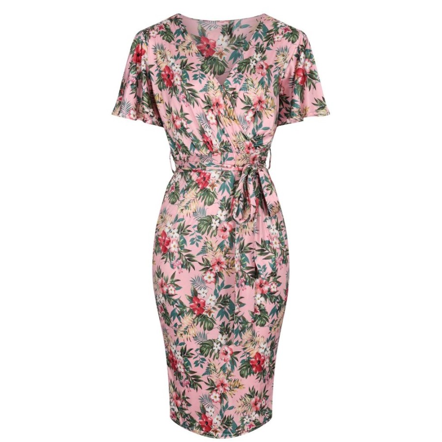 Pretty Kitty Fashion Floral Print Waterfall Sleeve Crossover Pencil Dress | Party Dresses