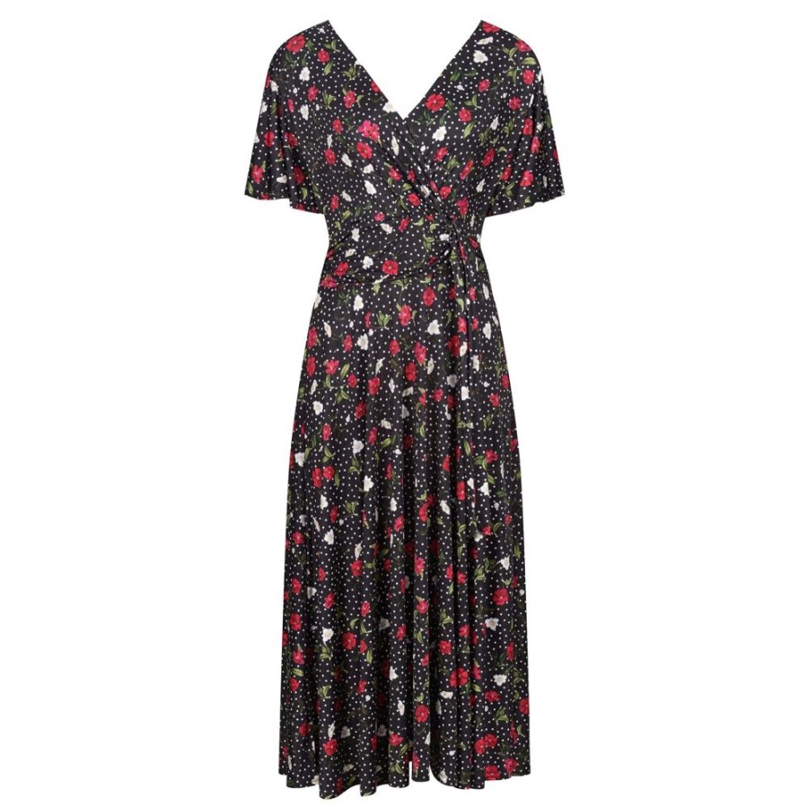 Pretty Kitty Fashion White Polka Dot & Floral Print Cap Sleeve Wrap Top Swing Dress | 50S Swing Dresses