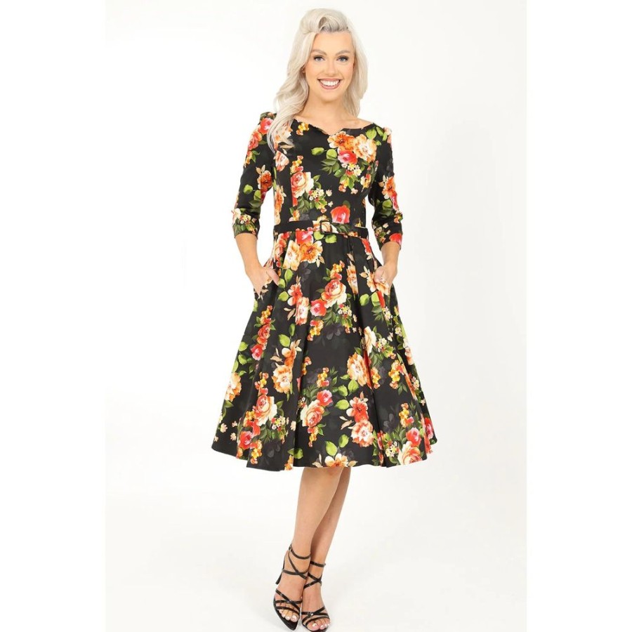 Pretty Kitty Fashion Floral Print 50S Swing Tea Dress With Boat Neck & 3/4 Sleeves | 50S Swing Dresses