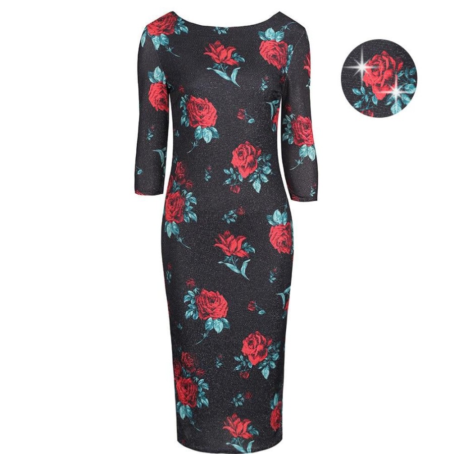 Pretty Kitty Fashion And Red Rose Print 1940S Sparkle Bodycon Pencil Wiggle Party Dre | Party Dresses