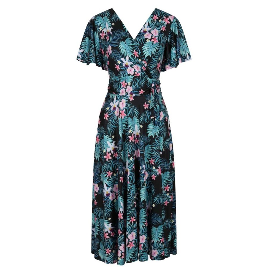 Pretty Kitty Fashion Tropical Floral Print Cap Sleeve V Neck Wrap Top Swing Dress | 50S Swing Dresses