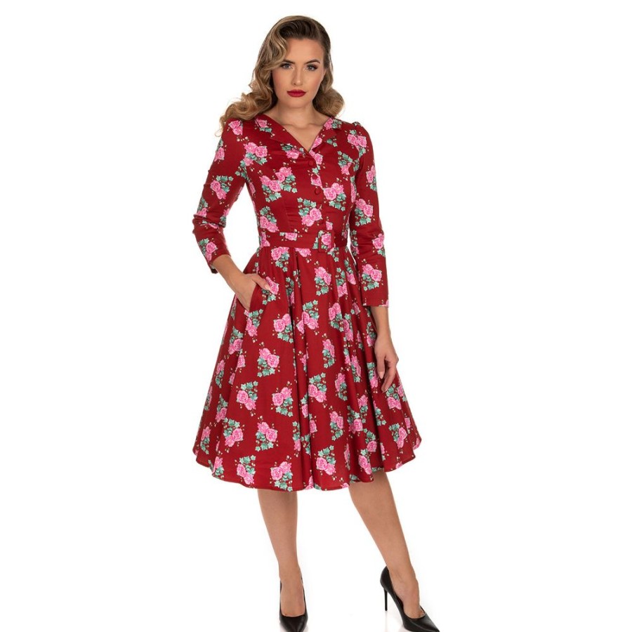 Pretty Kitty Fashion Floral 3/4 Sleeve Collar V Neck 50S Swing Tea Dress | 50S Swing Dresses