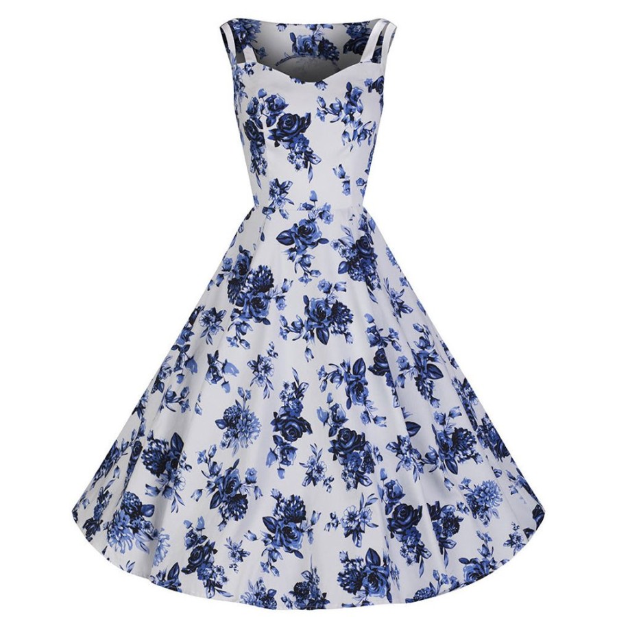 Hearts and Roses White And Blue Vintage Floral Blossom Rockabilly Swing Dress | Rockabilly Dresses