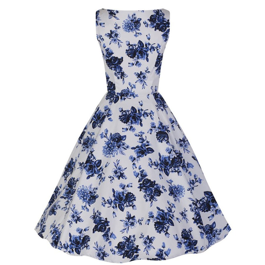 Hearts and Roses White And Blue Vintage Floral Blossom Rockabilly Swing Dress | Rockabilly Dresses