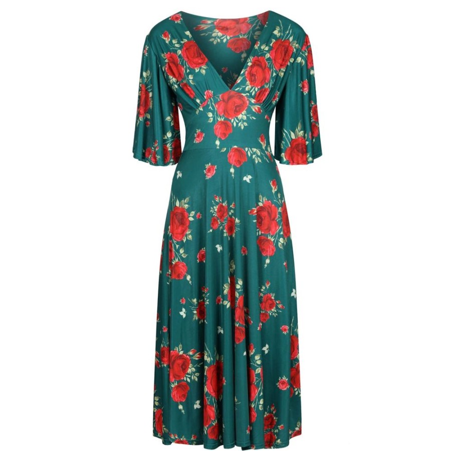 Pretty Kitty Fashion And Red Floral Print Waterfall Sleeve Midi Dress | Party Dresses