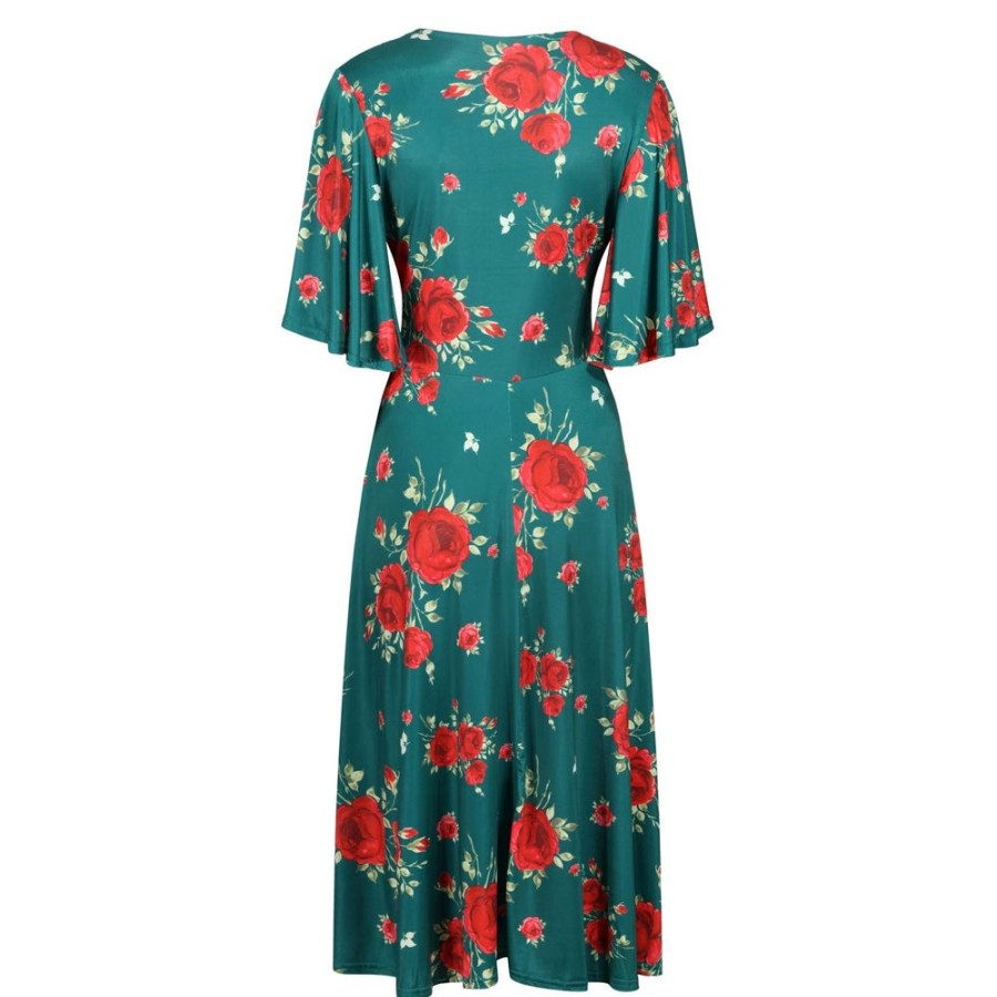 Pretty Kitty Fashion And Red Floral Print Waterfall Sleeve Midi Dress | Party Dresses