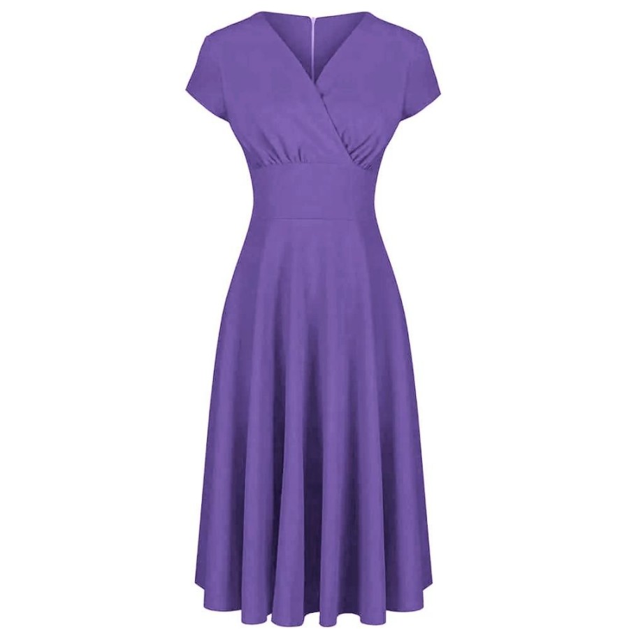 Pretty Kitty Fashion Purple A Line Crossover Bust Capped Sleeve Tea Swing Dress | Tea Dresses