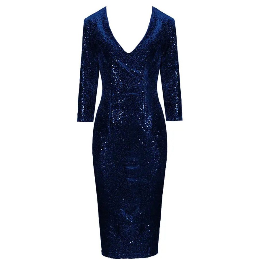 Pretty Kitty Fashion Navy 3/4 Sleeve V Neck Velour Sequin Pencil Wiggle Dress | Party Dresses