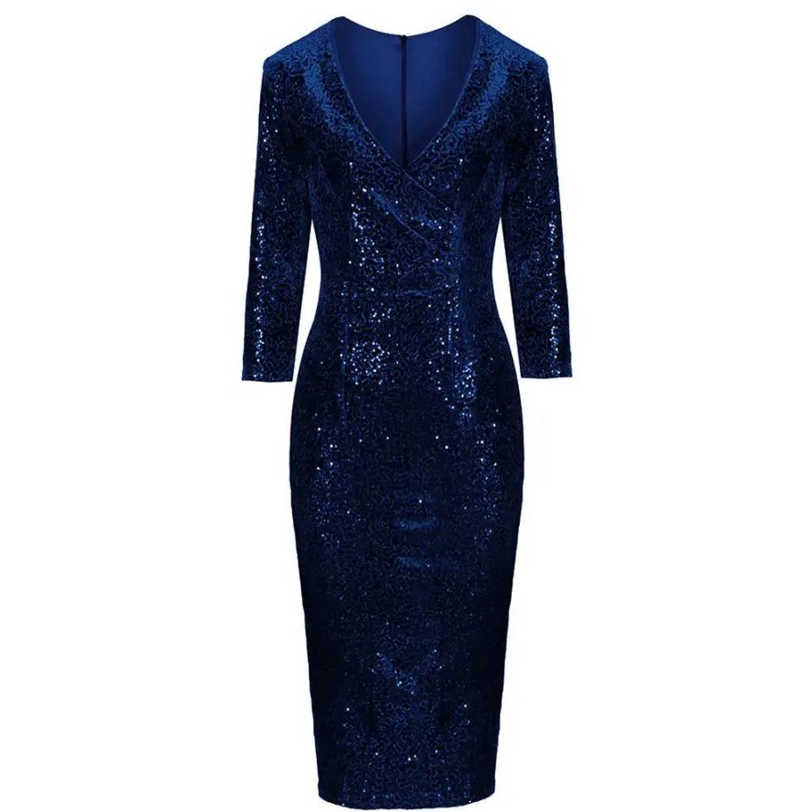 Pretty Kitty Fashion Navy 3/4 Sleeve V Neck Velour Sequin Pencil Wiggle Dress | Party Dresses