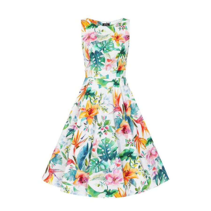 Hearts and Roses Tropical Print White Floral Summer Swing Party Dress | Tea Dresses