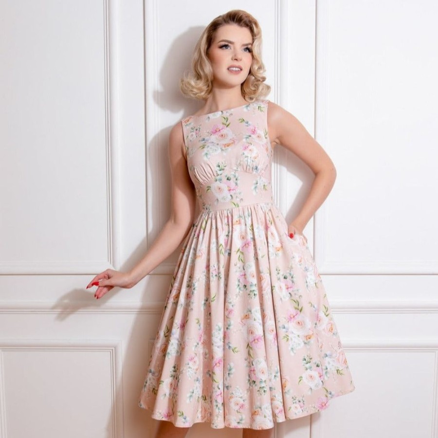 Pretty Kitty Fashion Soft Coral Floral Print Audrey 50S Swing Dress | Floral Dresses