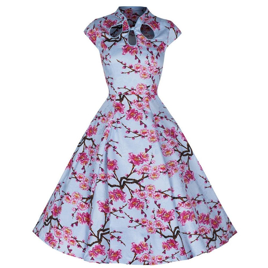 Pretty Kitty Fashion Sky Blue And Pink Floral Print 50S Swing Dress | 50S Swing Dresses