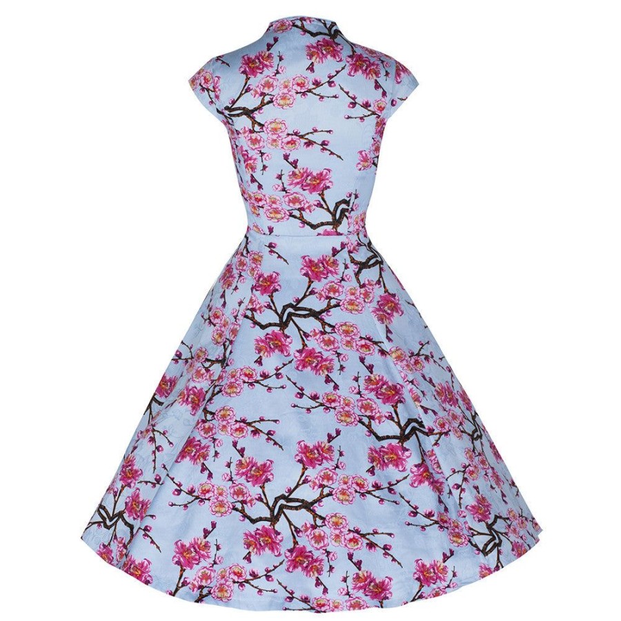 Pretty Kitty Fashion Sky Blue And Pink Floral Print 50S Swing Dress | 50S Swing Dresses