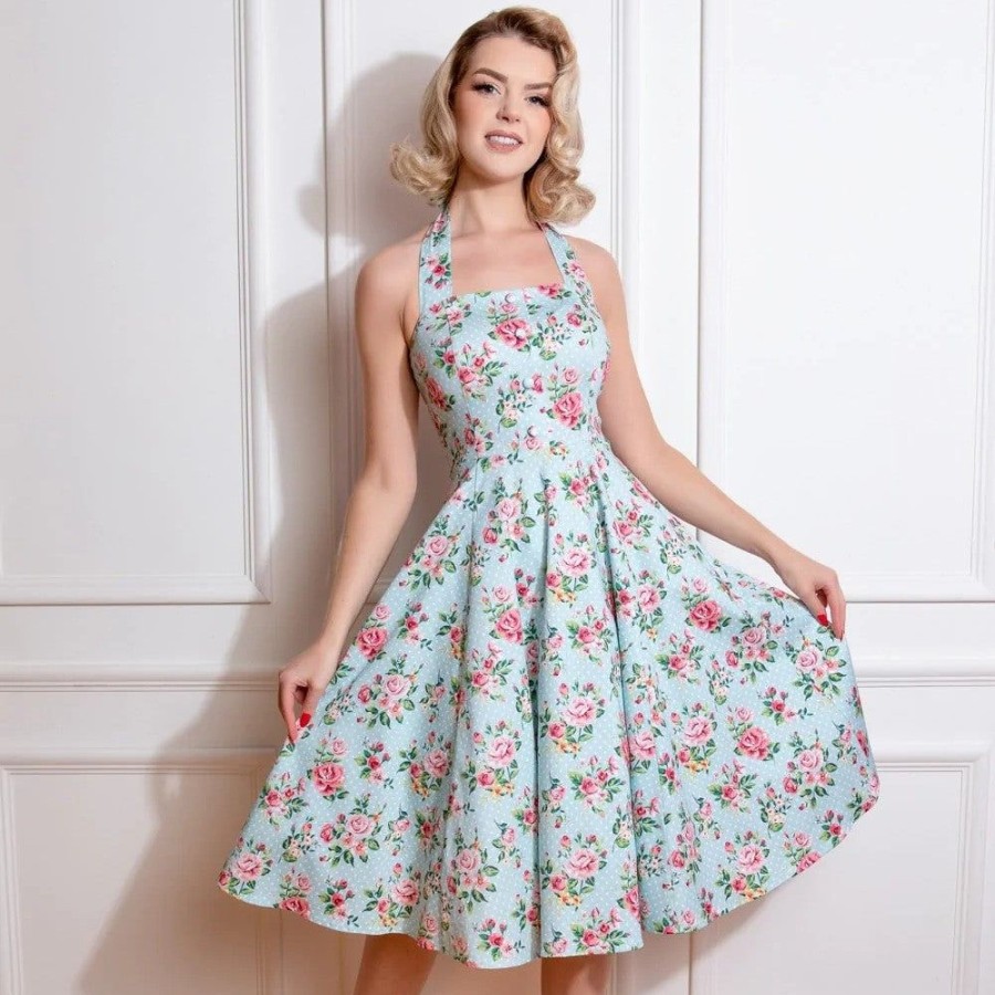 Pretty Kitty Fashion Floral Print Polka Dot Halter Neck 50S Swing Dress | Floral Dresses