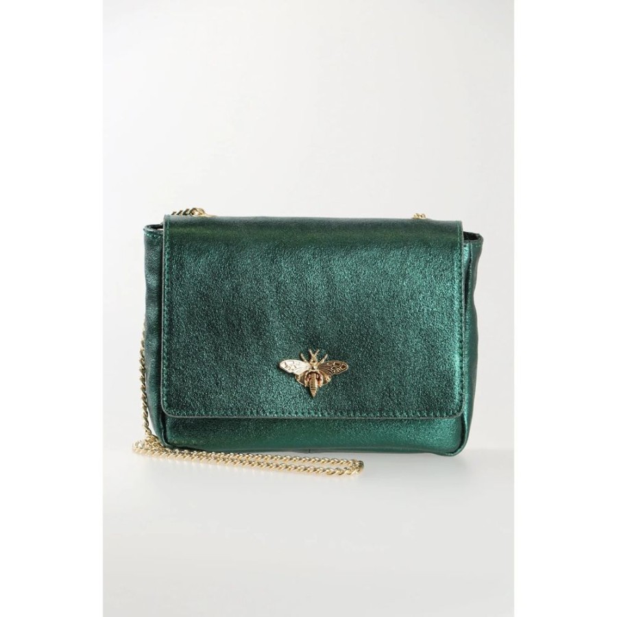 MSH Emerald Green Metallic Leather Bag With Bee Emblem And Chain Strap | Bags & Purses