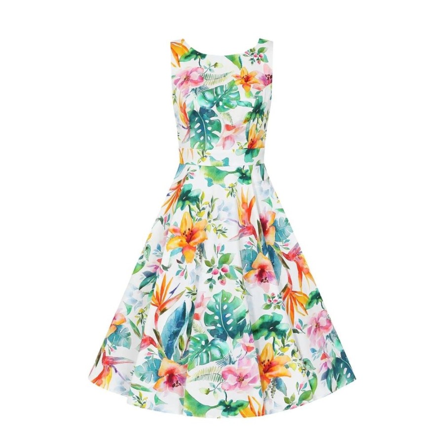 Hearts and Roses Tropical Print White Floral Summer Swing Party Dress | Rockabilly Dresses