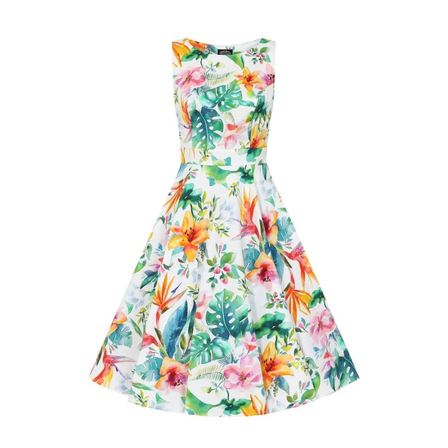 Hearts and Roses Tropical Print White Floral Summer Swing Party Dress | Rockabilly Dresses