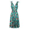 Pretty Kitty Fashion Teal Floral Print Grecian V Neck 50S Swing Dress | 50S Swing Dresses