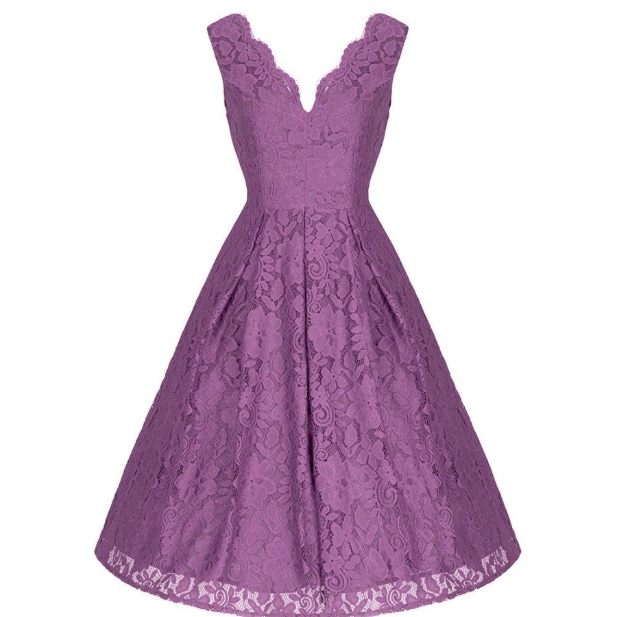 Jolie Moi Jolie Moi Dark Mauve Embroidered Lace Sleeveless V Neck 50S Swi | Jolie Moi Dresses