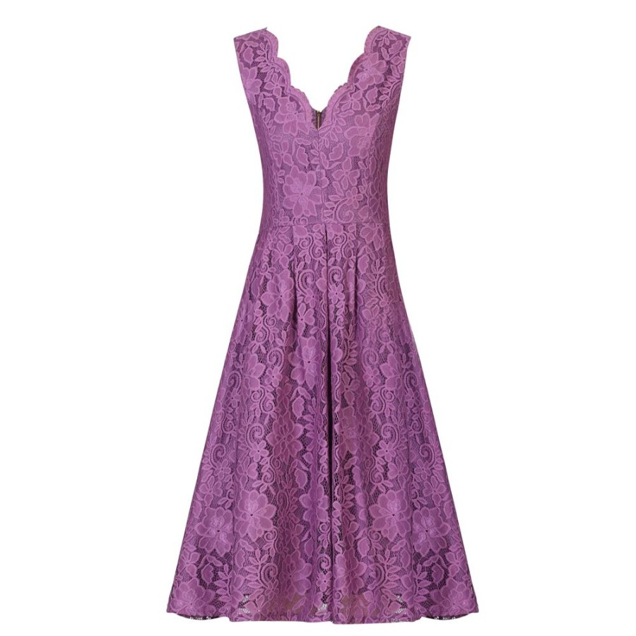 Jolie Moi Jolie Moi Dark Mauve Embroidered Lace Sleeveless V Neck 50S Swi | Jolie Moi Dresses