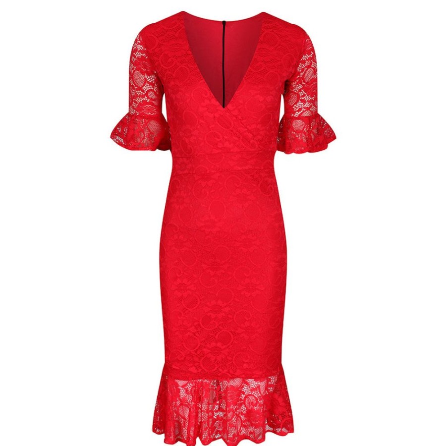 Pretty Kitty Fashion Lace Half Sleeve Fishtail Peplum Hem Bodycon Pencil Dress | Party Dresses