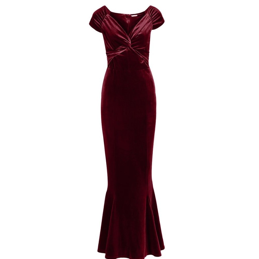 Pretty Kitty Fashion Claret Cap Sleeve Twist Bust Fishtail Hem Velour Maxi Dress | Cocktail Dresses