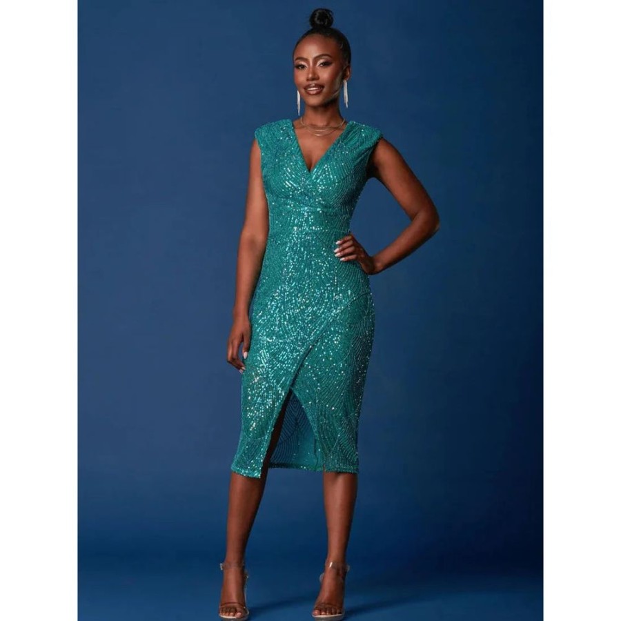 Jolie Moi Jolie Moi Green Sleeveless V Neck Split Skirt Sequin Wiggle Dress | Wiggle Dresses