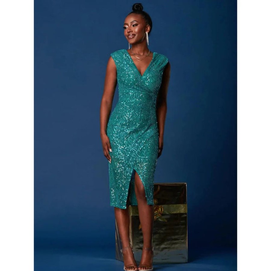 Jolie Moi Jolie Moi Green Sleeveless V Neck Split Skirt Sequin Wiggle Dress | Wiggle Dresses