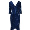 Pretty Kitty Fashion Navy 3/4 Sleeve V Neck Velour Sequin Pencil Wiggle Party Dress | Wiggle Dresses