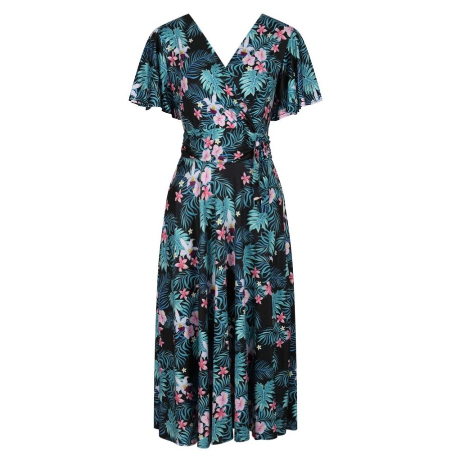 Pretty Kitty Fashion Tropical Floral Print Cap Sleeve V Neck Wrap Top Swing Dress | Party Dresses