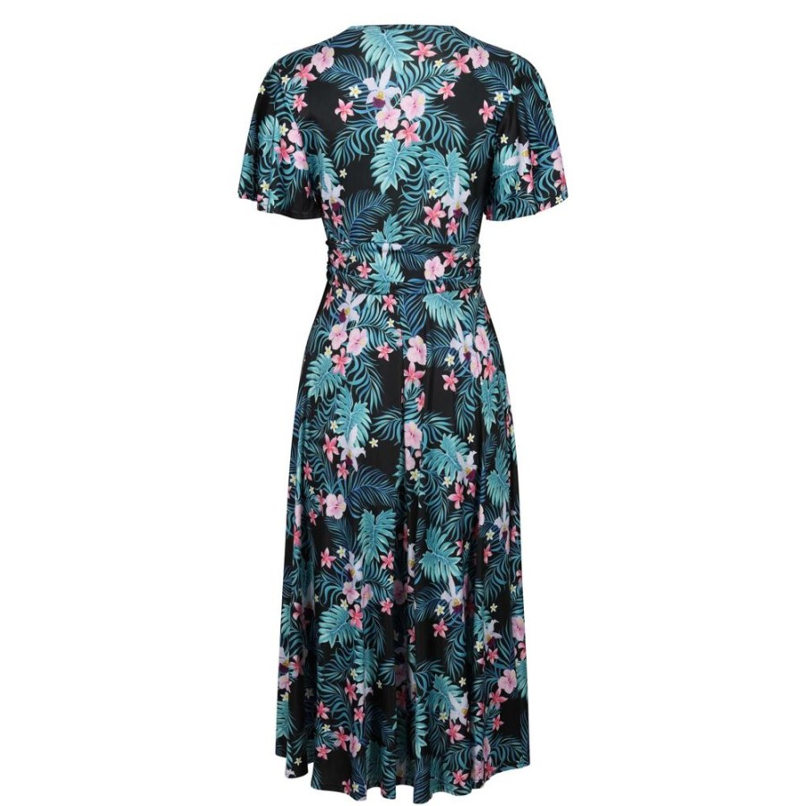 Pretty Kitty Fashion Tropical Floral Print Cap Sleeve V Neck Wrap Top Swing Dress | Party Dresses