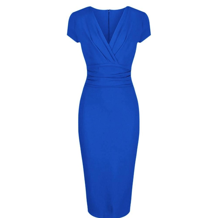 Pretty Kitty Fashion Royal Deep V Cap Sleeve Bodycon Ruched Waist Wiggle Dress | Party Dresses