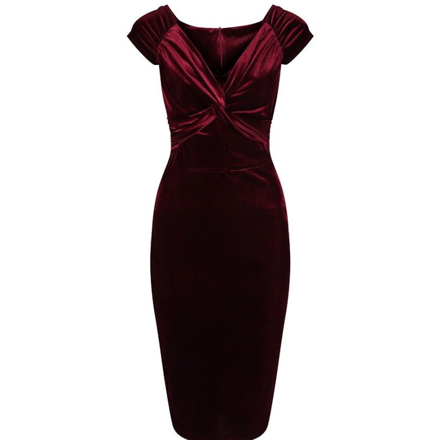 Pretty Kitty Fashion Claret Red Velour Crossover Wiggle Dress | Velour Dresses