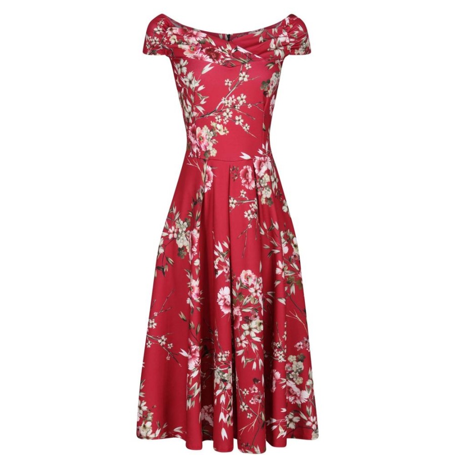 Pretty Kitty Fashion Floral Print Crossover Bardot 50S Swing Dress | Bardot Dresses