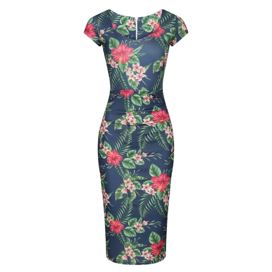 Pretty Kitty Fashion Navy Tropical Floral Print Cap Sleeve V Neck Bodycon Wiggle Dress | Party Dresses