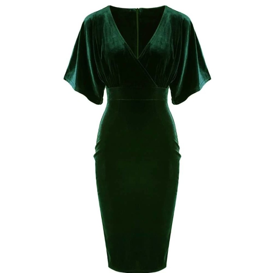 Pretty Kitty Fashion Emerald Velour Half Batwing Sleeve Crossover Top Wiggle Dress | Pencil Dresses