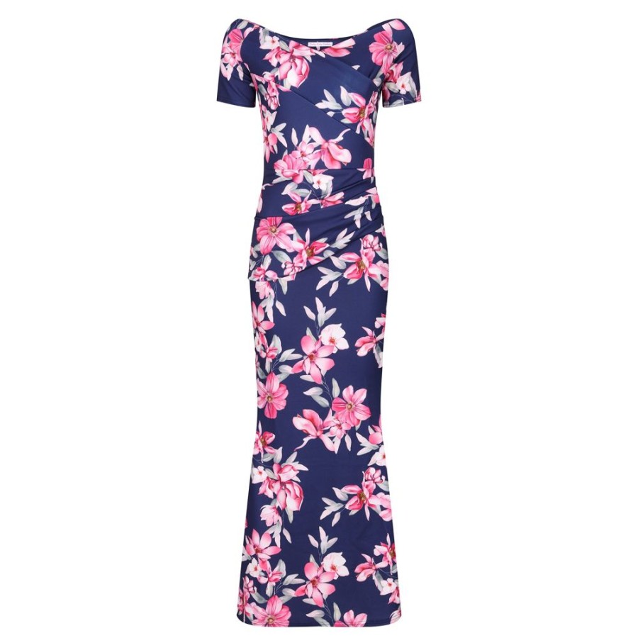 Pretty Kitty Fashion Blue & Pink Floral Maxi Dress W/ Peplum Hem & Cap Sleeves | Pencil Dresses