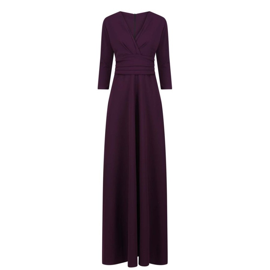 Pretty Kitty Fashion Aubergine V Neck 3/4 Sleeve Maxi Dress | Maxi Dresses