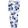 Pretty Kitty Fashion White And Blue Floral Print 3/4 Sleeve Bodycon Pencil Wiggle Dress | Wiggle Dresses