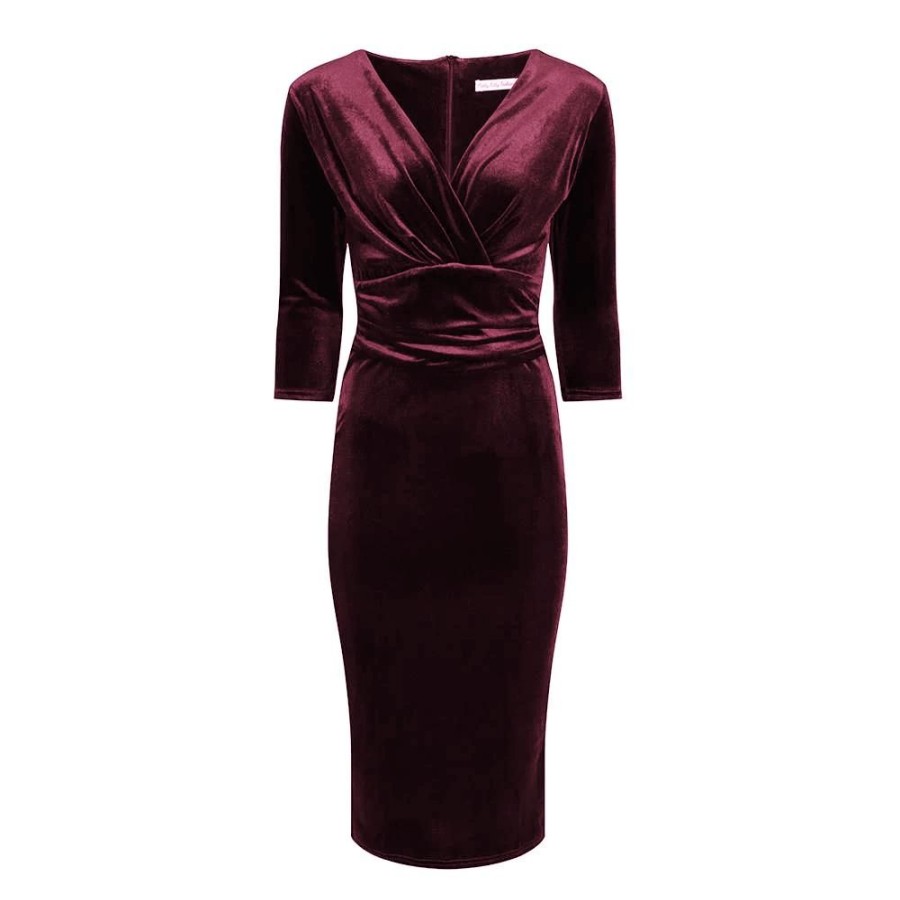 Pretty Kitty Fashion Claret Red Velour Deep V 3/4 Sleeve Bodycon Ruched Waist Wiggle Dress | Wiggle Dresses