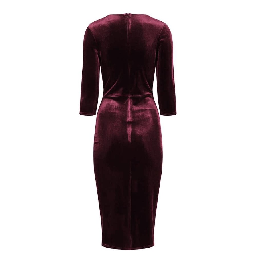 Pretty Kitty Fashion Claret Red Velour Deep V 3/4 Sleeve Bodycon Ruched Waist Wiggle Dress | Wiggle Dresses