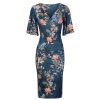 Pretty Kitty Fashion Green Floral Butterfly Sleeve Slinky Pencil Cocktail Dress | Pencil Dresses