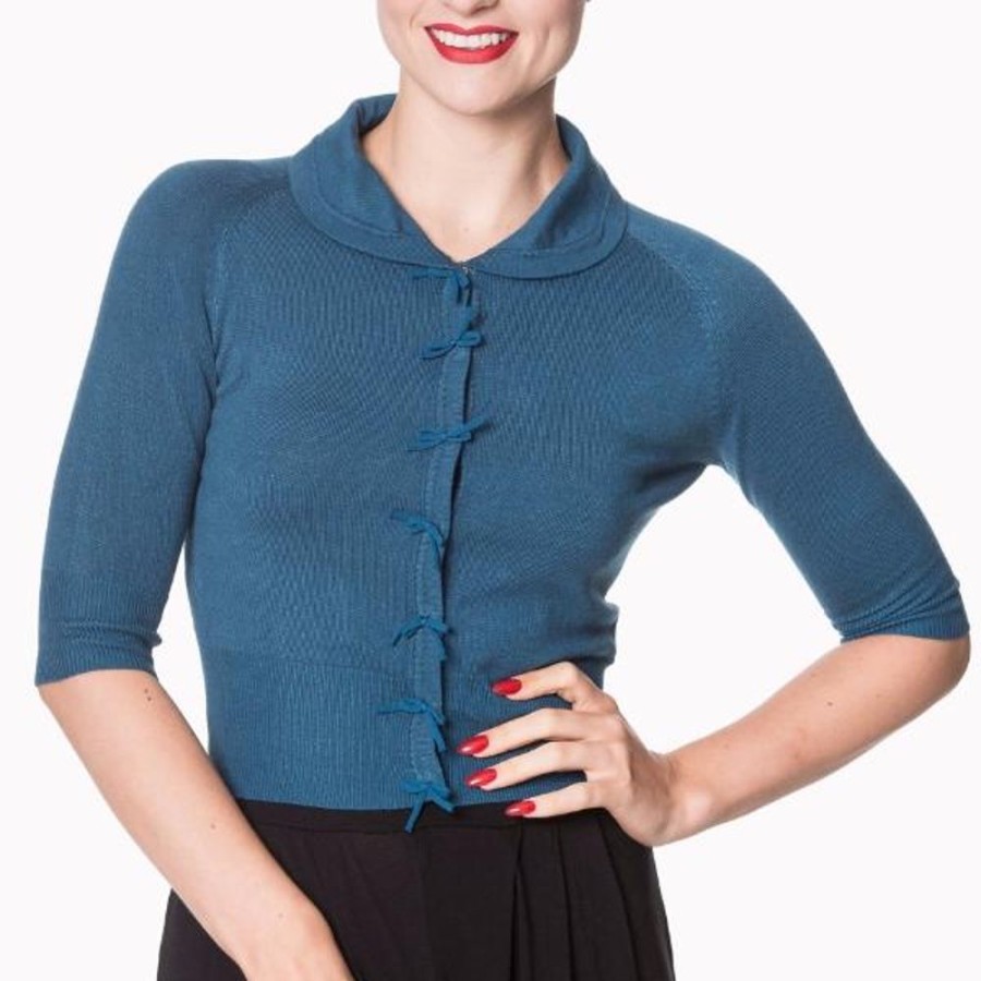 Pretty Kitty Fashion Blue Short Sleeve Crop Collar Cardigan | Tops