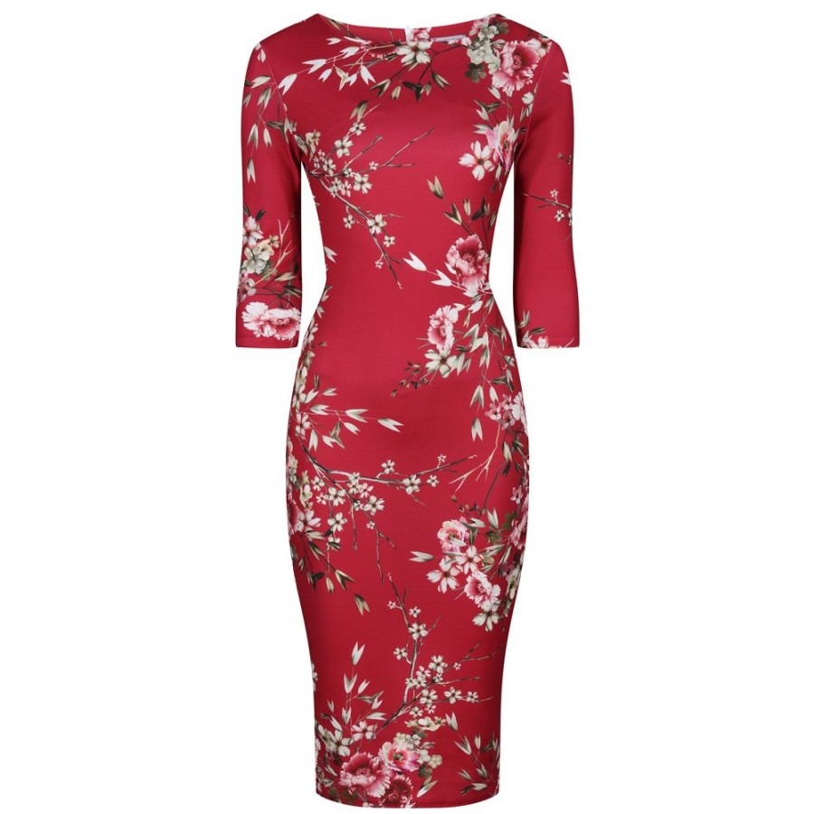 Pretty Kitty Fashion Floral 3/4 Sleeve Bodycon Pencil Wiggle Dress | Floral Dresses