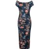 Pretty Kitty Fashion Teal Floral Print 40S Style Cap Sleeve Slinky Wiggle Dress | Pencil Dresses