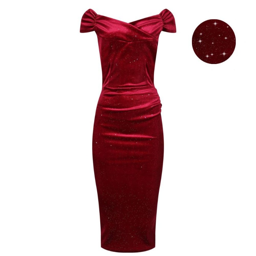 Pretty Kitty Fashion Red Velour Sparkle Cap Sleeve Crossover Top Bardot Wiggle Dress | Bardot Dresses