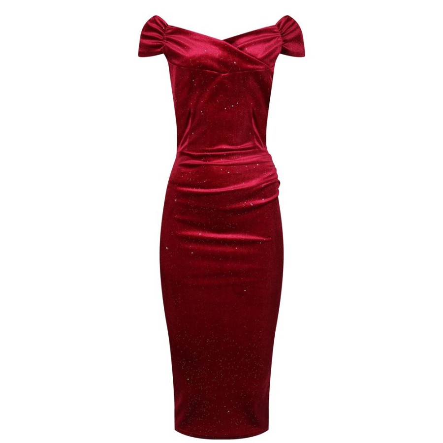 Pretty Kitty Fashion Red Velour Sparkle Cap Sleeve Crossover Top Bardot Wiggle Dress | Bardot Dresses