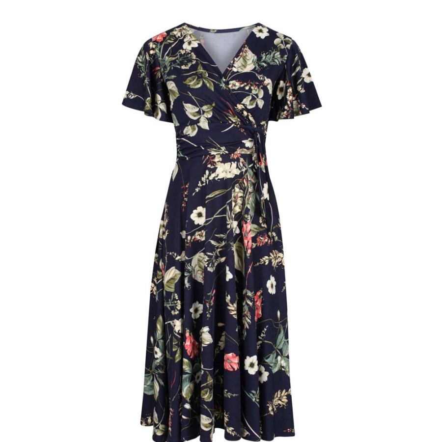 Pretty Kitty Fashion Navy Floral Print Cap Sleeve V Neck Wrap Top Swing Dress | Party Dresses