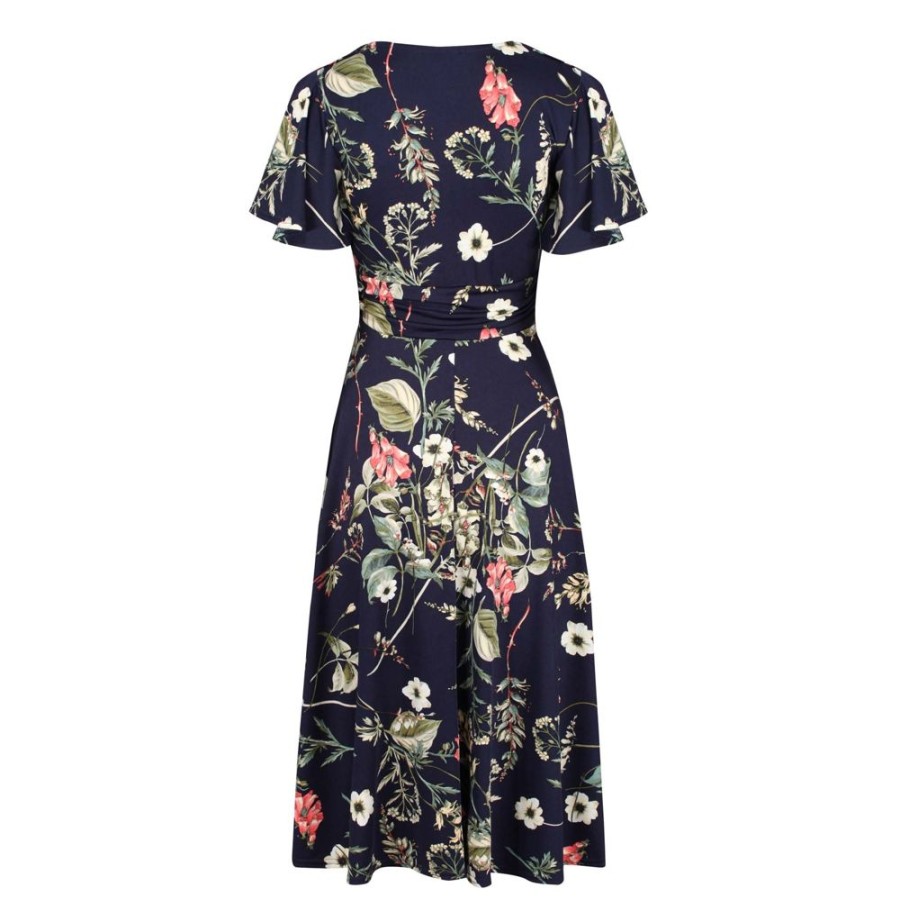 Pretty Kitty Fashion Navy Floral Print Cap Sleeve V Neck Wrap Top Swing Dress | Party Dresses